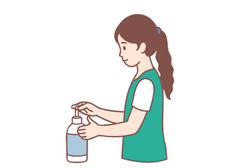 A girl is washing her hands with soap and gel to clean her hands. Hand drawn style vector design illustrations.

