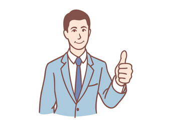 Businessman smiling and giving thumbs up as excellent sign. Hand drawn style vector design illustrations.
