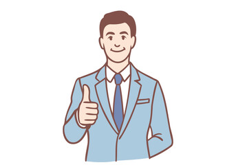 Businessman smiling and giving thumbs up as excellent sign. Hand drawn style vector design illustrations.
