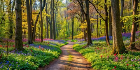 A winding path through a forest with new leaves and branches unfolding from trees, surrounded by a carpet of colorful wildflowers, walking trail, floral meadow, outdoor exploration, leafy greens