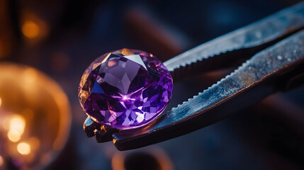 A faceted, deep purple amethyst gemstone held by metal tweezers against a dark, blurred background. The gemstone is round or oval-shaped and reflects light from its many facets.
