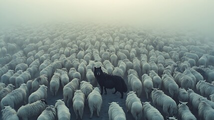 Obraz premium Aerial shot of a massive flock of white sheep, one black wolf centered within, forming a dramatic contrast, light fog creating a mysterious ambiance, soft shadows and fine detail on textures,