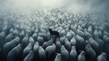 Obraz premium Aerial shot of a massive flock of white sheep, one black wolf centered within, forming a dramatic contrast, light fog creating a mysterious ambiance, soft shadows and fine detail on textures,