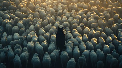 Obraz premium Aerial view of a dense flock of white sheep with a single black wolf at the center, its dark silhouette standing out, emphasizing contrast and uniqueness, soft morning light casting long shadows,