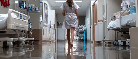 Nurse prepares care area in hospital for patient treatment