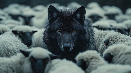 Obraz premium Black wolf isolated within a crowd of white sheep, close-up view capturing sharp contrast in textures, its gaze intense and calm, soft ambient lighting, misty backdrop, high-detail focus,