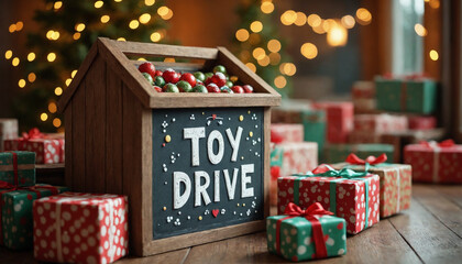 Festive toy drive box with colorful presents and Christmas decorations in a cheerful setting