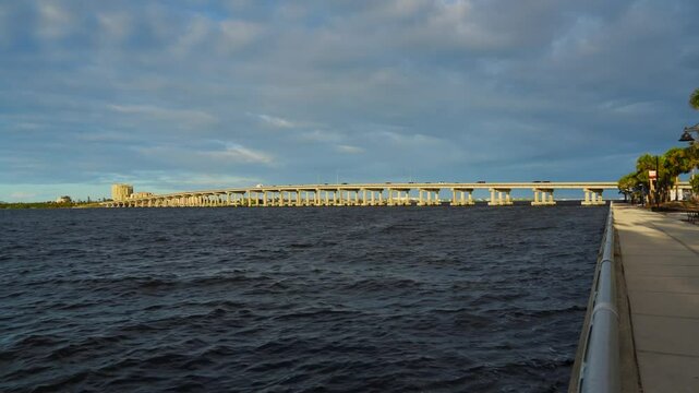 Bradenton, Florida, USA: 11 04 2024: Bridge over manatee river  and riverwalk of bradenton 