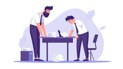 Boss standing over stressed employee, emphasizing the pressure and hierarchy in the workplace. Leadership and workplace dynamics.