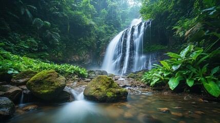 Waterfalls in a lush jungle landscape