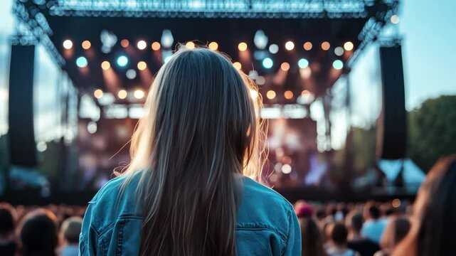 Back of woman with concert stage background