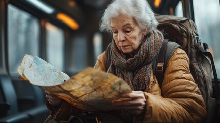 An elderly woman sits on a train with a backpack, focused intently on reading a map as she manages her travel plans, representing wisdom and adventure.