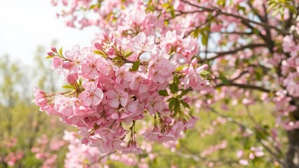 Beautiful spring nature scene with a pink blooming tree in full bloom, pink, foliage, serene
