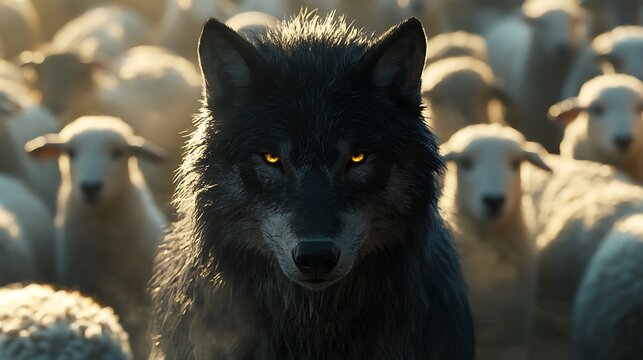 Close-up of a black wolf’s intense gaze amid a group of serene white sheep, dark fur standing out sharply, soft ambient light, cinematic shadows, misty background, rich detail in fur and wool,