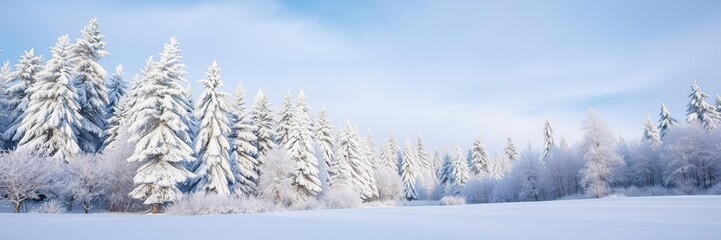 Beautiful snowy landscape with tall pine trees covered in snow under a clear blue sky, winter wonderland, scenic