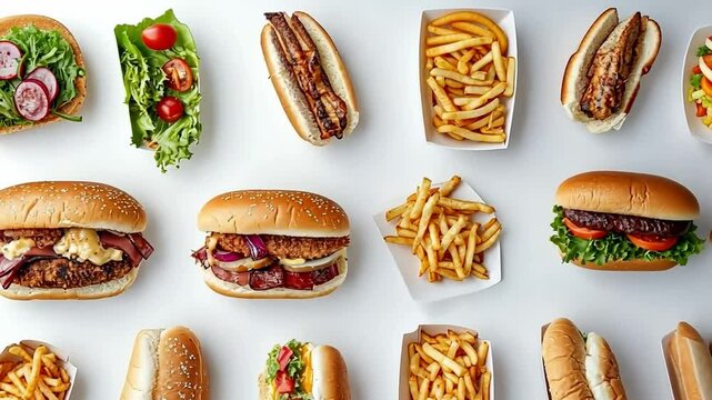 Gourmet fast food on solid white background,