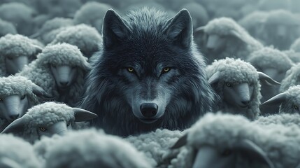 Obraz premium Dark-furred wolf boldly positioned in the center of a serene crowd of white sheep, symbolizing strength in solitude, soft ambient lighting with slight fog, rich detail in fur and wool textures,