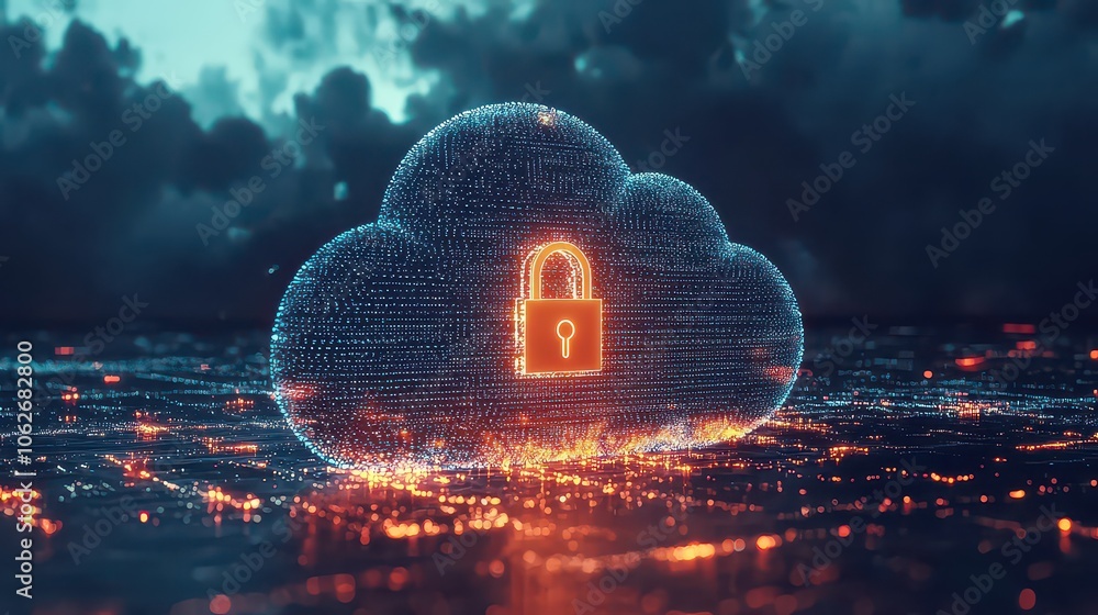 Wall mural cloud server protection. cloud server security. secure cloud storage represented by a digital lock.