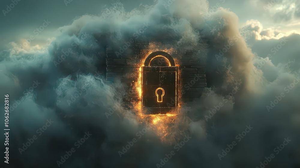 Wall mural cloud server protection. cloud server security. secure cloud storage represented by a digital lock.