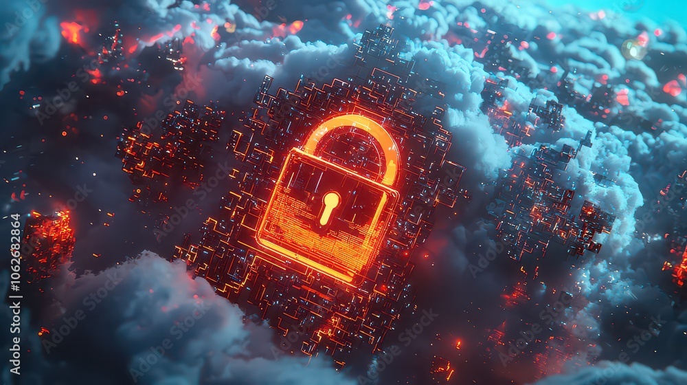Wall mural cloud server protection. cloud server security. secure cloud storage represented by a digital lock.