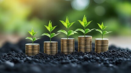 Stacks of coins with growing plants symbolize economic growth and prosperity.