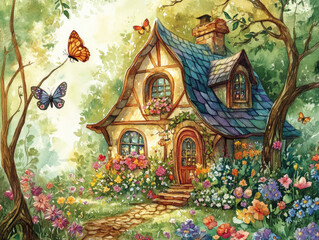 A charming cottage surrounded by blooming flowers