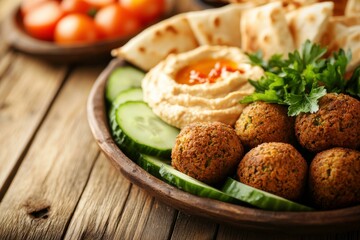 A platter of falafel, hummus, and pita bread.