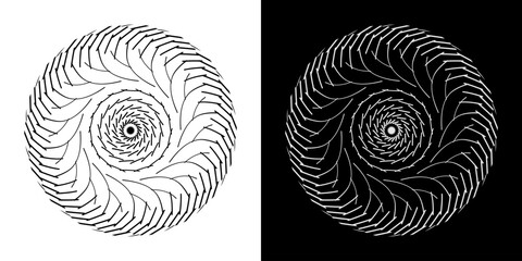 Abstract background with abstract line pattern in circles. Spiral art design as a logo or icon. A black figure on a white background and the same white figure on a black side. Mandala design with line