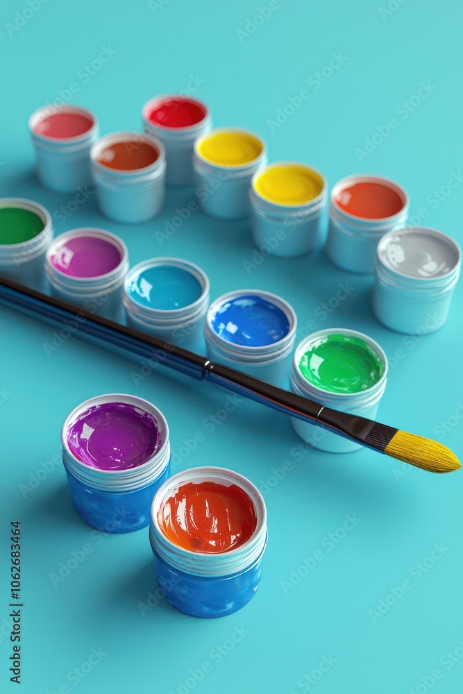 Poster Three-dimensional rendering of a paint set, complete with watercolors and brush.