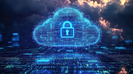 Cloud Server Protection. Cloud Server Security. Secure cloud storage represented by a digital lock.