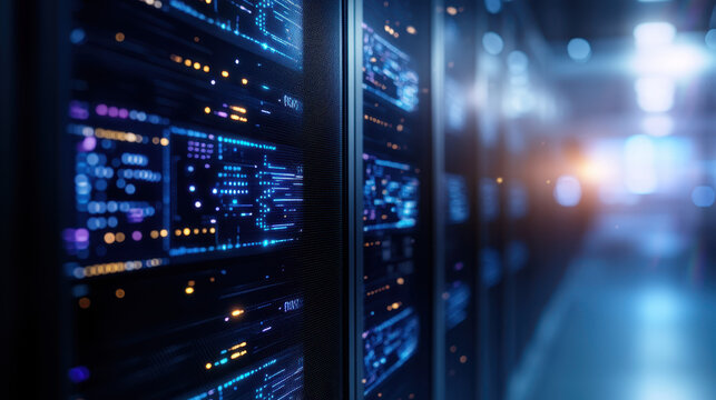 close up view of modern data center with illuminated server racks, showcasing advanced technology and digital interfaces. atmosphere is high tech and futuristic