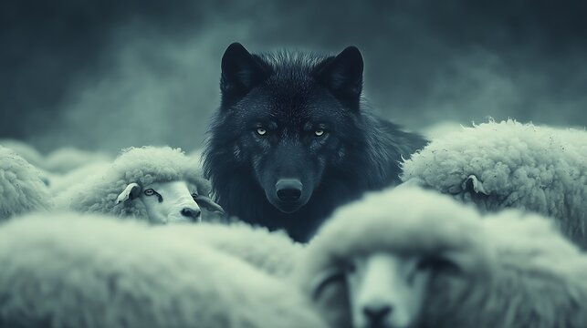 Mysterious black wolf hiding in plain sight among oblivious white sheep, symbolizing stealth and danger, cinematic lighting casting soft shadows, gentle morning fog, high-definition texture,