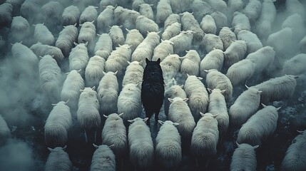Fototapeta premium Overhead view of countless white sheep with a single black wolf in their midst, its dark form stark against the herd, subtle misty atmosphere with soft light, cinematic depth,