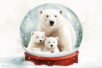 Fototapeta premium Polar bear family in a snow globe with falling snow, on a soft white background.