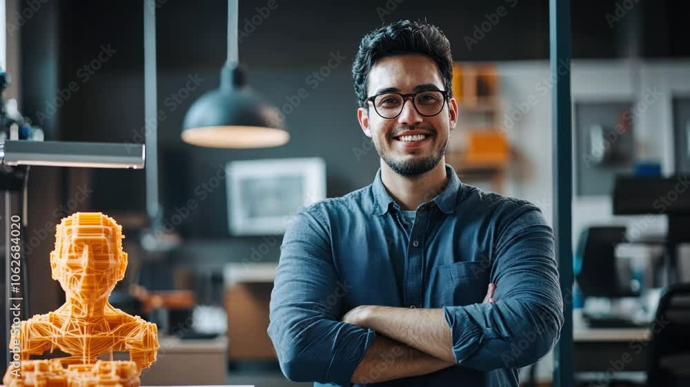 Poster happy engineer man with 3d model, proudly displaying a detailed 3d-printed prototype, set in a high-