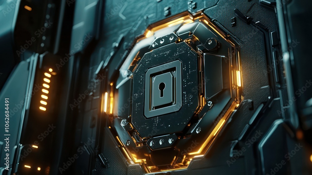 Poster three-dimensional digital shield with encryption lock for cybersecurity.