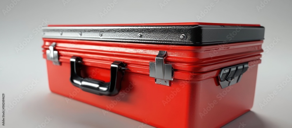 Poster detailed 3d model of a toolbox, emphasizing storage and organization of tools.