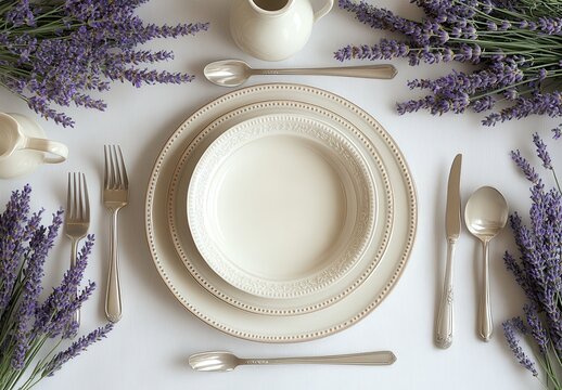 Elegant Ceramic Tableware with Lavender Accents - Powered by Adobe