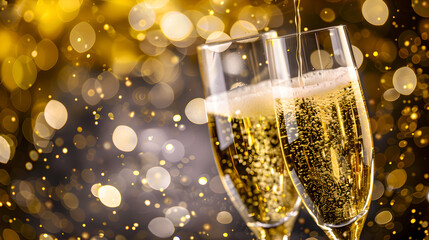Two glasses of champagne sparkling in golden bokeh on a dark background, create a luxurious atmosphere for Christmas and New Year celebration