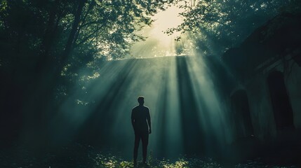 Silhouetted male against ethereal sunlight streaming through trees.