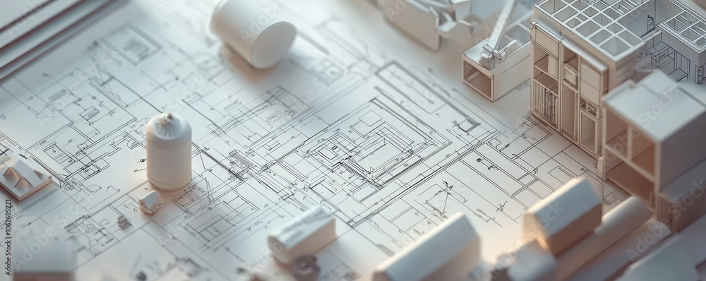 Poster three-dimensional project planning toolset featuring blueprints and measuring tools.