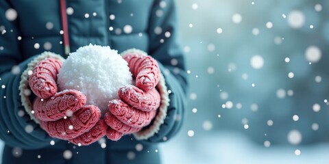 Christmas Winter mittens holding a snowball on the left side, with snowflakes falling in the background and space for customizable text on the right.
