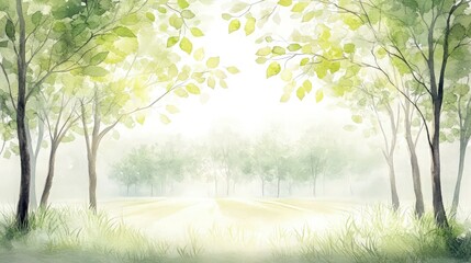 A calming hand-painted watercolor background of a small grove of trees, with soft green leaves and a sunlit meadow stretching out in front, framed by delicate grass.