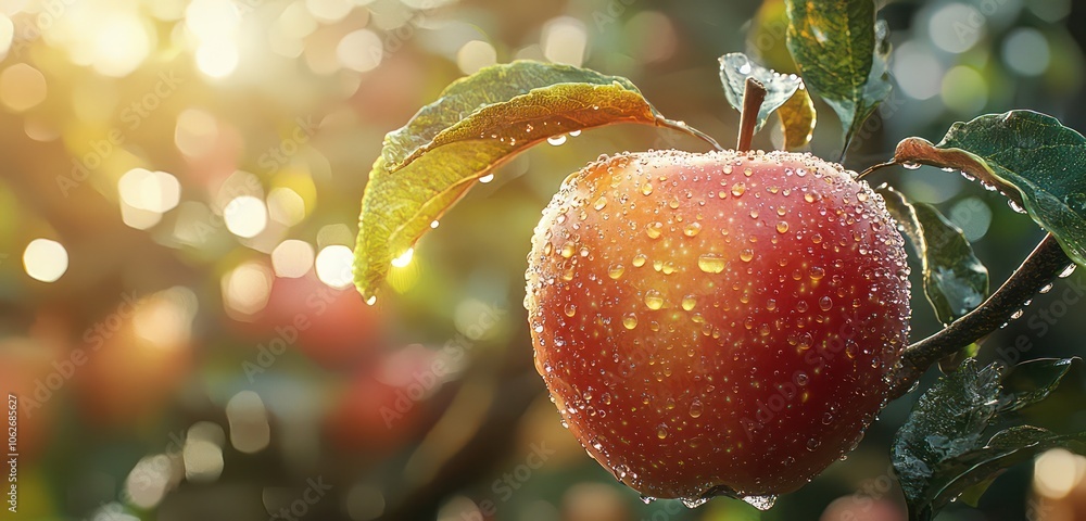 Poster high-quality 3d rendering of an apple, textured realistically with dew.