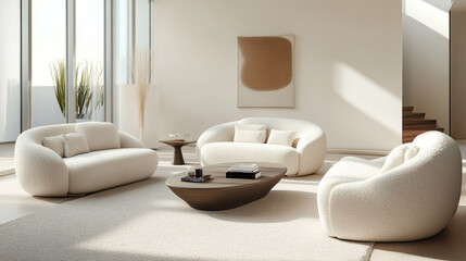 Minimalist, modern japandi interiors in the living room with windows and fluffy sofas, A minimalist, japandi interior in a living room with plaid windows and boucle sofas.