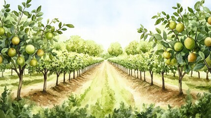 Watercolor depiction of an orchard with fruit trees, green leaves swaying gently in the breeze, and rows of trees creating a peaceful, organized setting.