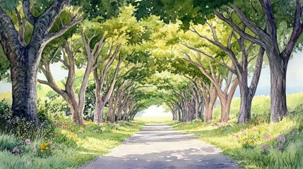 Fototapeta premium Watercolor painting of a picturesque tree-lined road, the trees arching overhead to create a natural tunnel of green, with scattered wildflowers in the foreground.