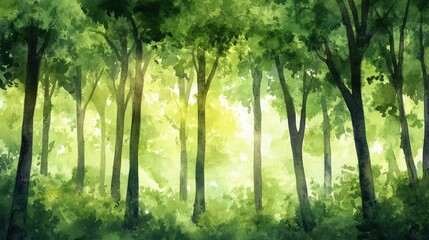 Obraz premium A dense watercolor forest featuring tall green trees with lush canopies, dappled sunlight filtering through the leaves, casting soft shadows on the forest floor.