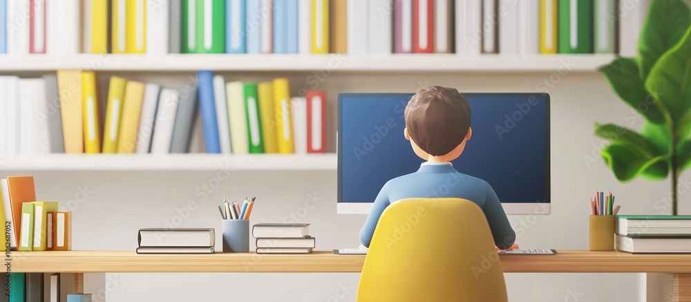 Aufkleber 3d icon for training, depicting a study setup with books and computer.