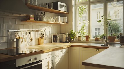 Bright and airy modern kitchen interior with natural light streaming through the window wooden shelves stainless steel appliances